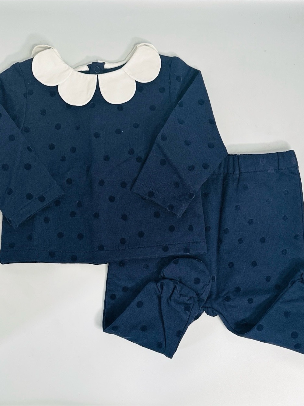 Jacadi Navy Blue Dot Pajama Set with White Scalloped Collar